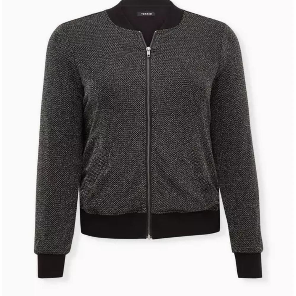 Torrid Knit Lurex Bomber Jacket Black Metallic Size 4 NWOT Plus Zip Front